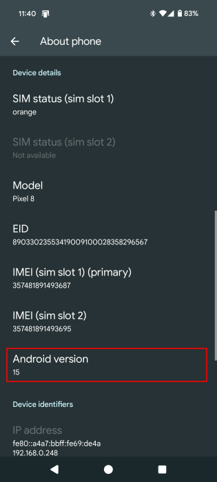 Checking Android version on Android phone via Settings.