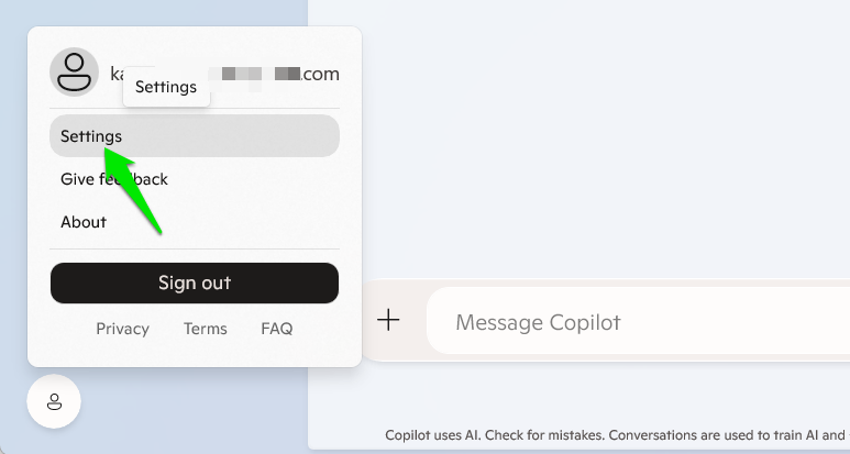 Copilot Settings Menu