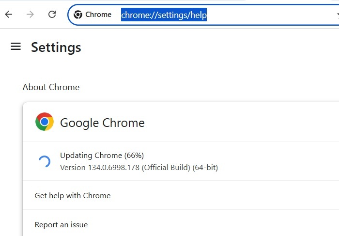 Updating Google Chrome browser in Windows from Settings > Help.