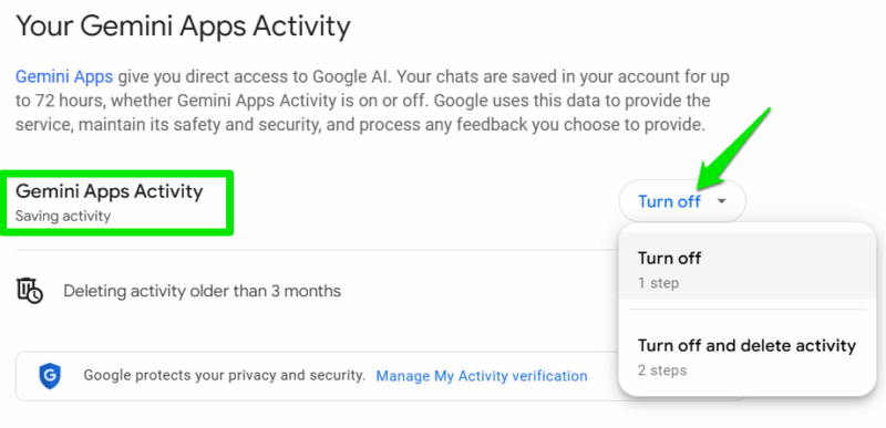 Disabling Gemini app activity