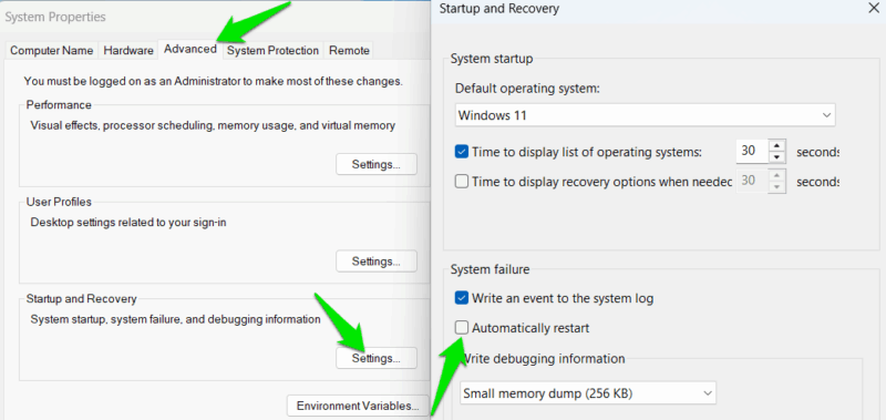 Disabling automatic restart in startup and recovery Windows