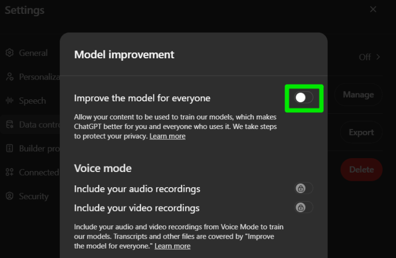 Disabling improve model option in ChatGPT