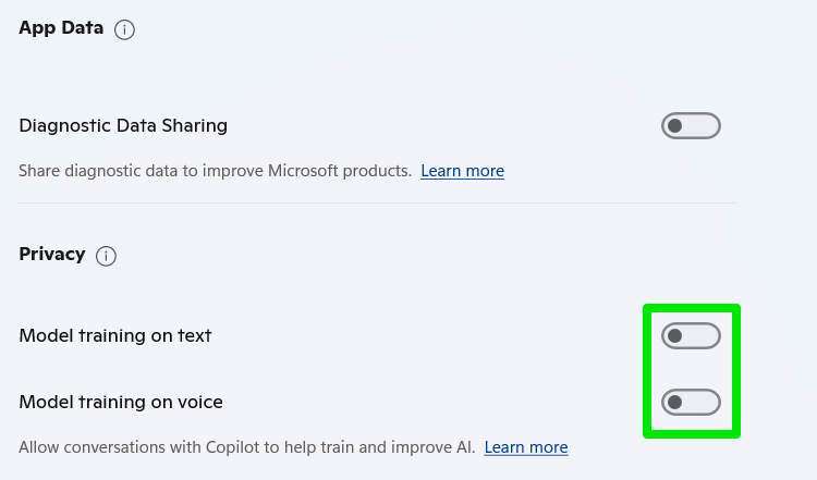 Copilot Privacy page with options to disable mode training