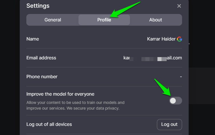 DeepSeek Profile setting with user data and option to disable model training