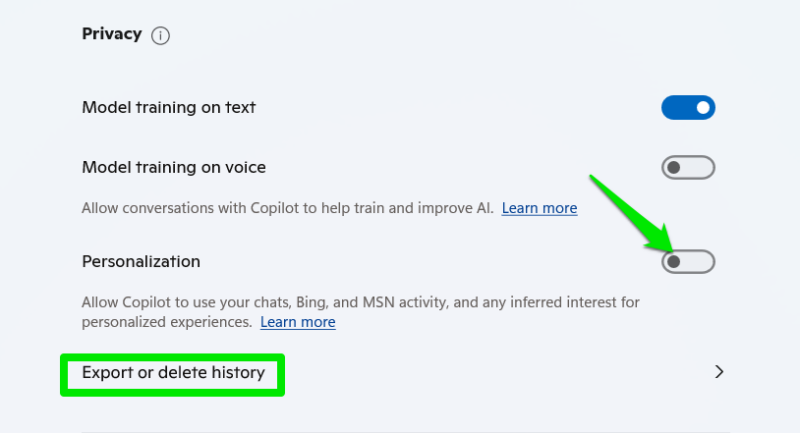 Copilot Privacy options with personalization disabled