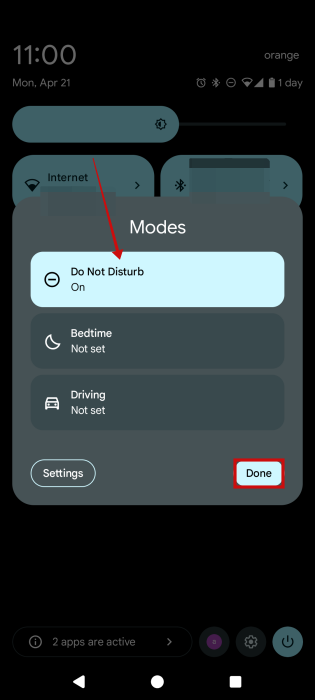 Activating "Do Not Disturb" from Modes tiles in Quick Settings on Pixel phone.