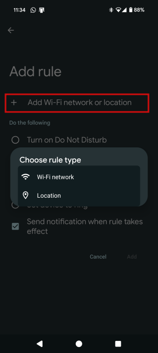 Adding Wi-Fi network or location for Rule via Pixel settings.