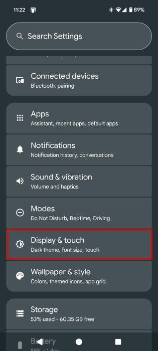 Navigating to "Display & touch" in Pixel settings.