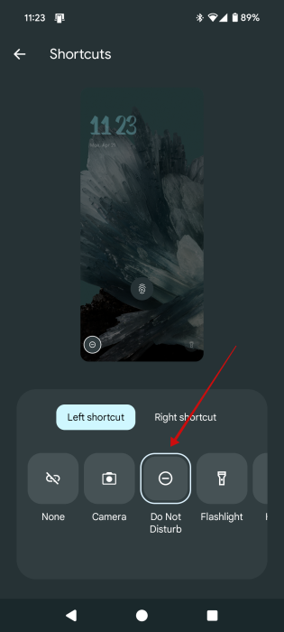 Opting for DND shortcut at lock screen on Pixel.
