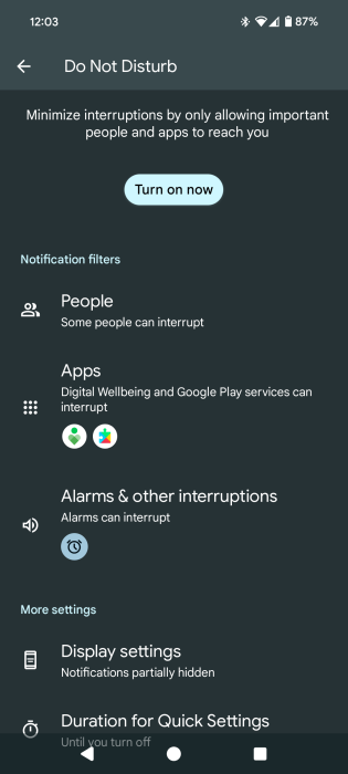 Customizing "Do Not Disturb" via Modes in Pixel settings. 