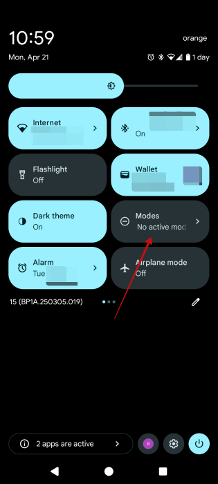 Tapping on "Modes" tile in Quick Settings on Pixel phone. 