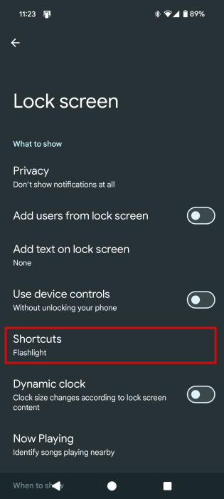Selecting "Shortcuts" in Pixel settings.