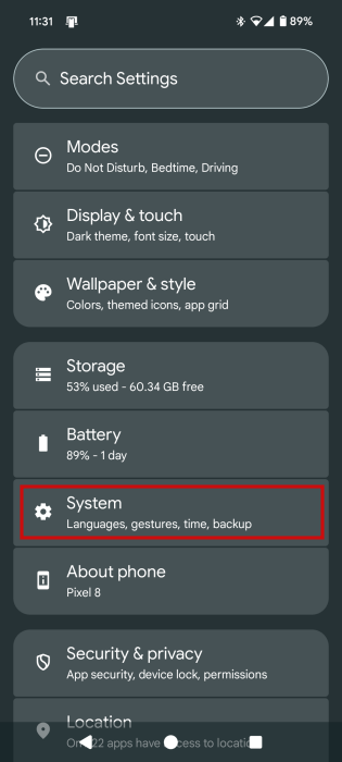 Going to "System" in Pixel settings.