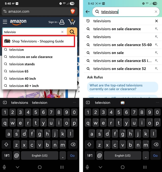 Mobile site versus mobile app when searching for Amazon AI shopping guide for televisions.