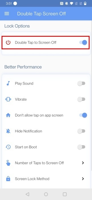 Enabling "Double Tap to Screen Off" option in Double Tap to Screen Off app on Android.