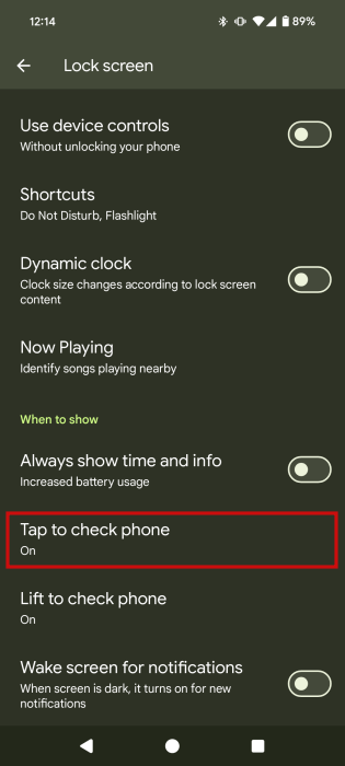 Accessing "Tap to check phone" option in Pixel settings for Lock screen. 