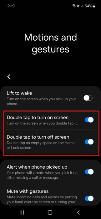 Enabling "Double tap to turn screen" and "Double tap to turn off screen" on Samsung Galaxy phone.