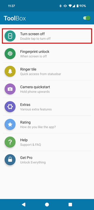 Tapping option to "Turn screen off" in ToolBox app on Pixel device.