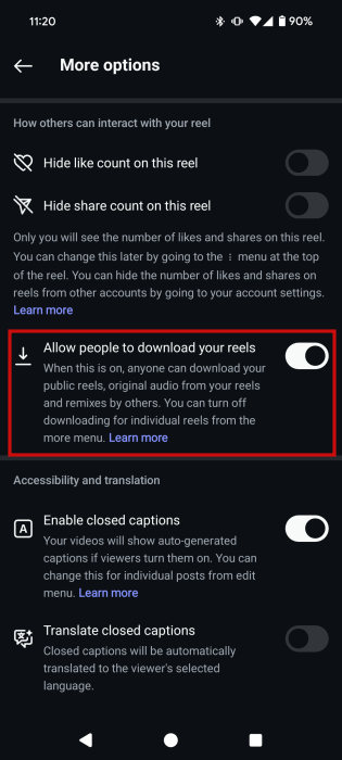 View of "Allow people to download your reels" option in Instagram Reel posting screen.