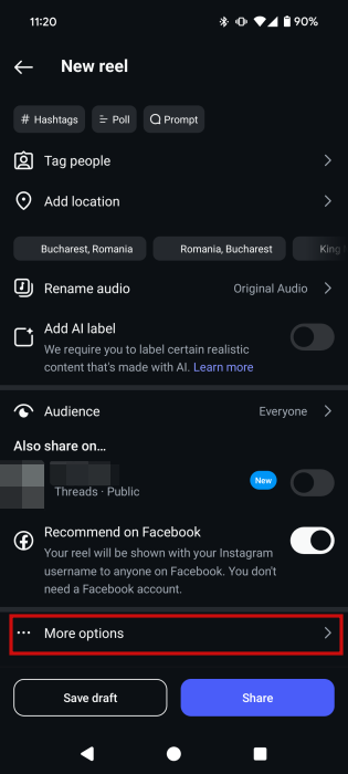 Tapping on "More options" in Instagram Reels posting screen. 