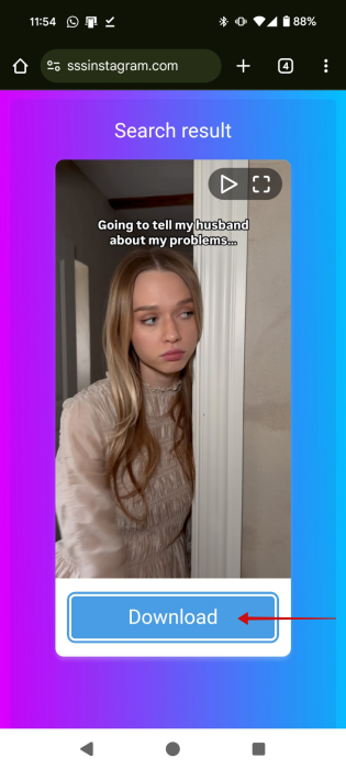 Pressing "Download" button for Instagram Reel in SSSInstagram tool. 