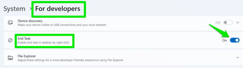 Enabling end task in for developers settings