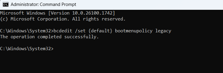 Running command in command prompt to enable legacy boot options