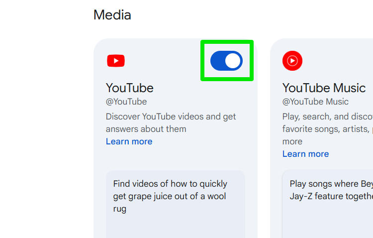 enabling YouTube app toggle in Gemini desktop