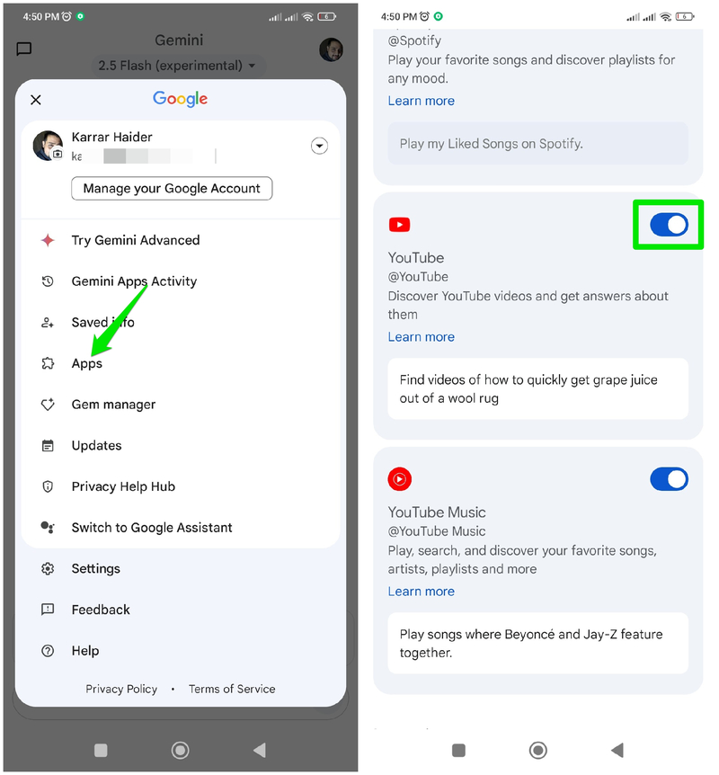 Enabling YouTube app in Gemini mobile app