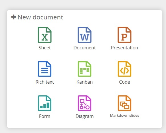 Nine app types offered in CryptPad.