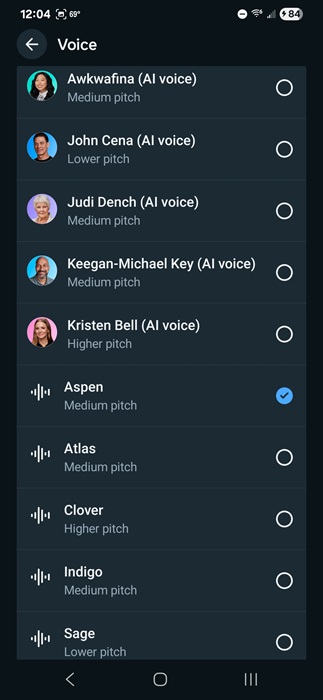 Select a new voice in Meta AI app.