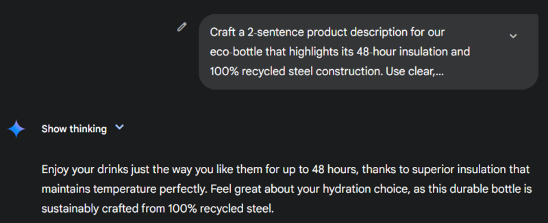 Gemini giving a short description of a water bottle