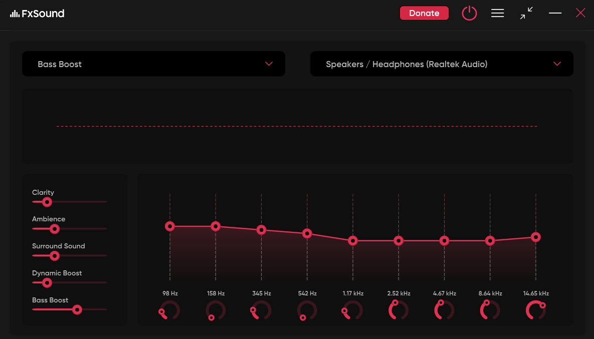 Main interface of FxSound showing bass boost preset
