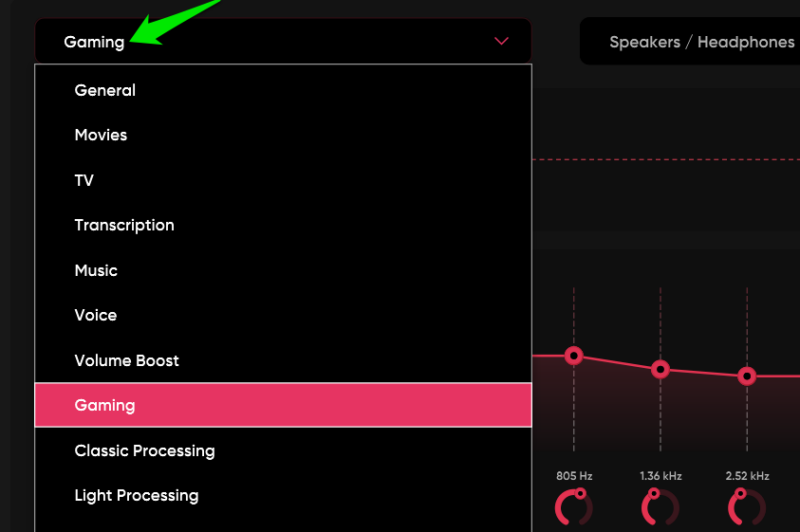 Showing FxSound list of presets with gaming selected