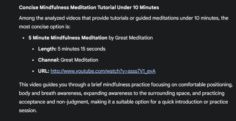 Gemini showing mindfulness YouTube video result