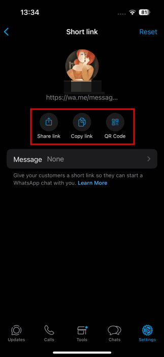 "Short link" options in WhatsApp Business. 