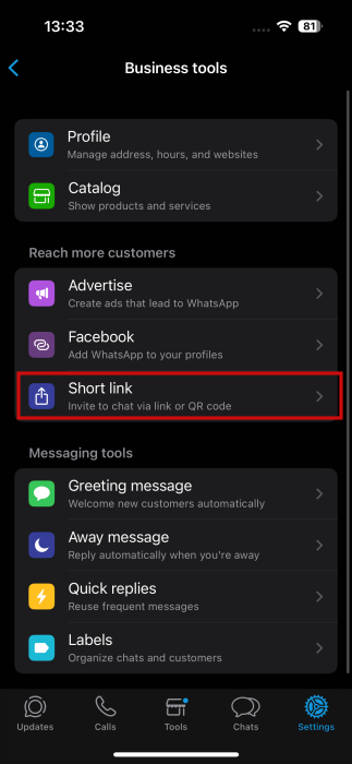 Selecting "Short link" option in WhatsApp Business settings.