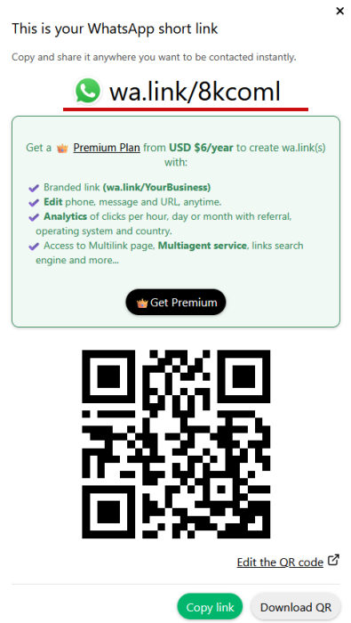 Link and QR code for WhatsApp profile generate with Wa.link tool.