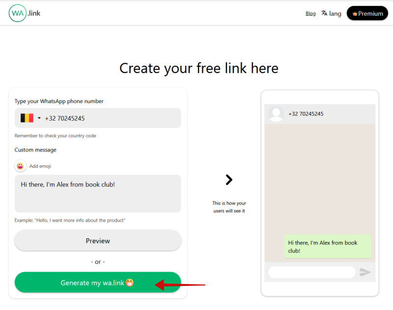 Generating WhatsApp profile link using Wa.link website. 