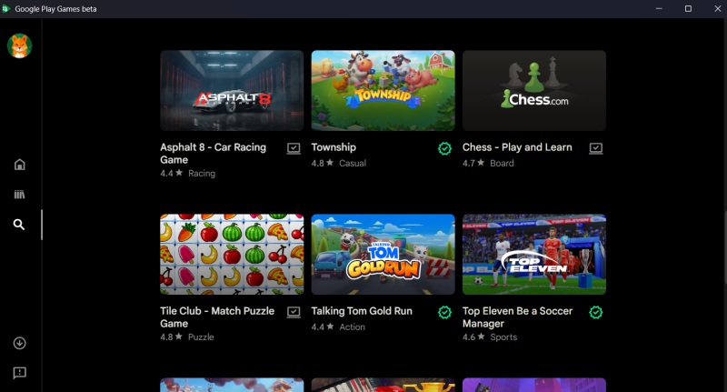 Browsing games in Google Play Games on PC.
