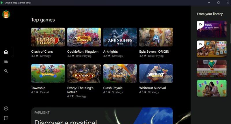 Exploring games in Google Play Games on PC.