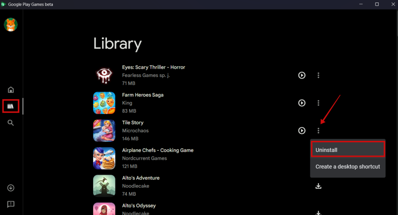 Uninstalling game from Google Play Games library on PC.