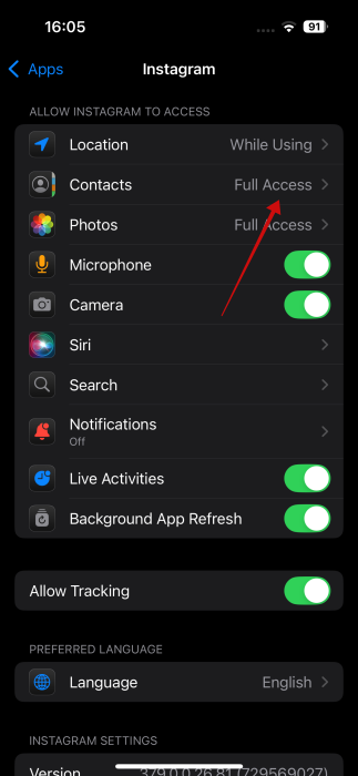 Tapping on "Contacts" for Instagram app in iPhone settings. 