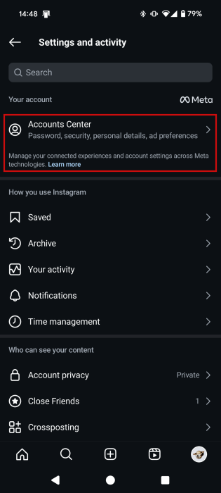 Tapping on "Accounts Center" in Instagram settings on mobile. 