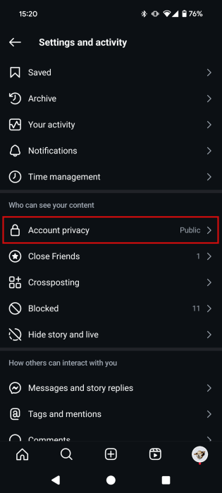 Tapping on "Account privacy" in Instagram settings on mobile. 