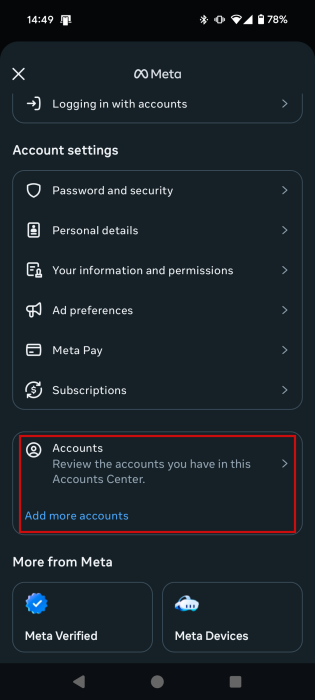 Navigating to "Accounts" in Instagram settings on mobile. 