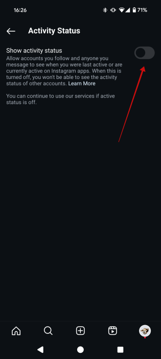 Disabling "Show activity status" options in Instagram on mobile. 