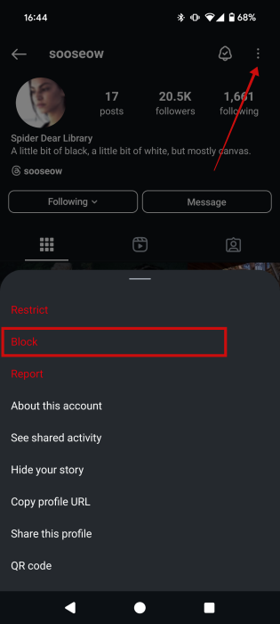 Blocking account in Instagram app. 