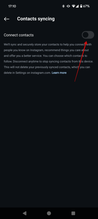 Toggling off "Connect contacts" option in Instagram Accounts Center on mobile.