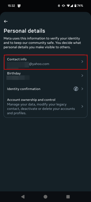 Tapping on "Contact info" in Instagram app. 